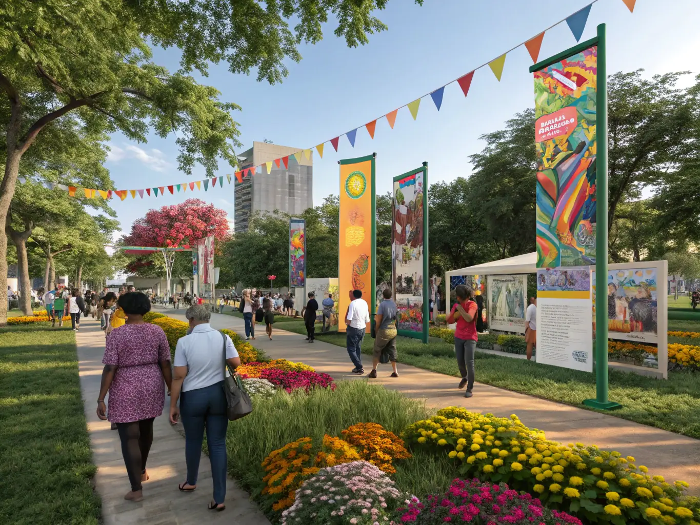 A vibrant image of a restored historic site bustling with community activities and artistic performances, showcasing the Cultural Heritage Revitalization program in action.