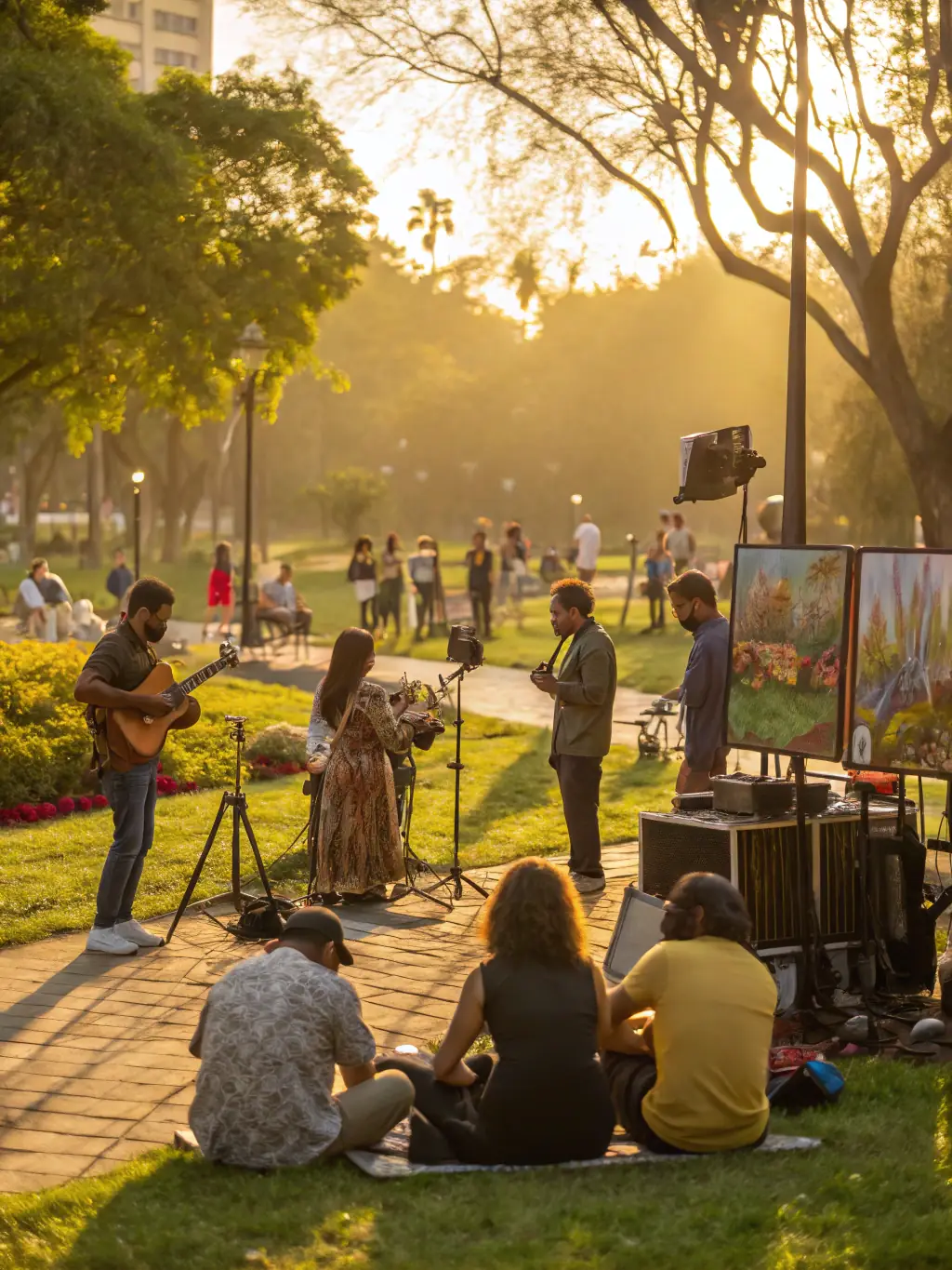 A vibrant image of a community arts festival taking place in a revitalized public square, highlighting Monuments en Mouvement's commitment to community engagement and cultural diversity.
