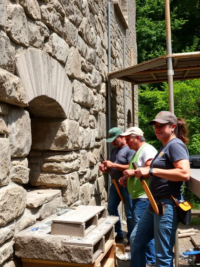 A photograph of a diverse group of volunteers working together to restore a historic building, showcasing the collaborative spirit of Monuments en Mouvement's cultural heritage revitalization project.