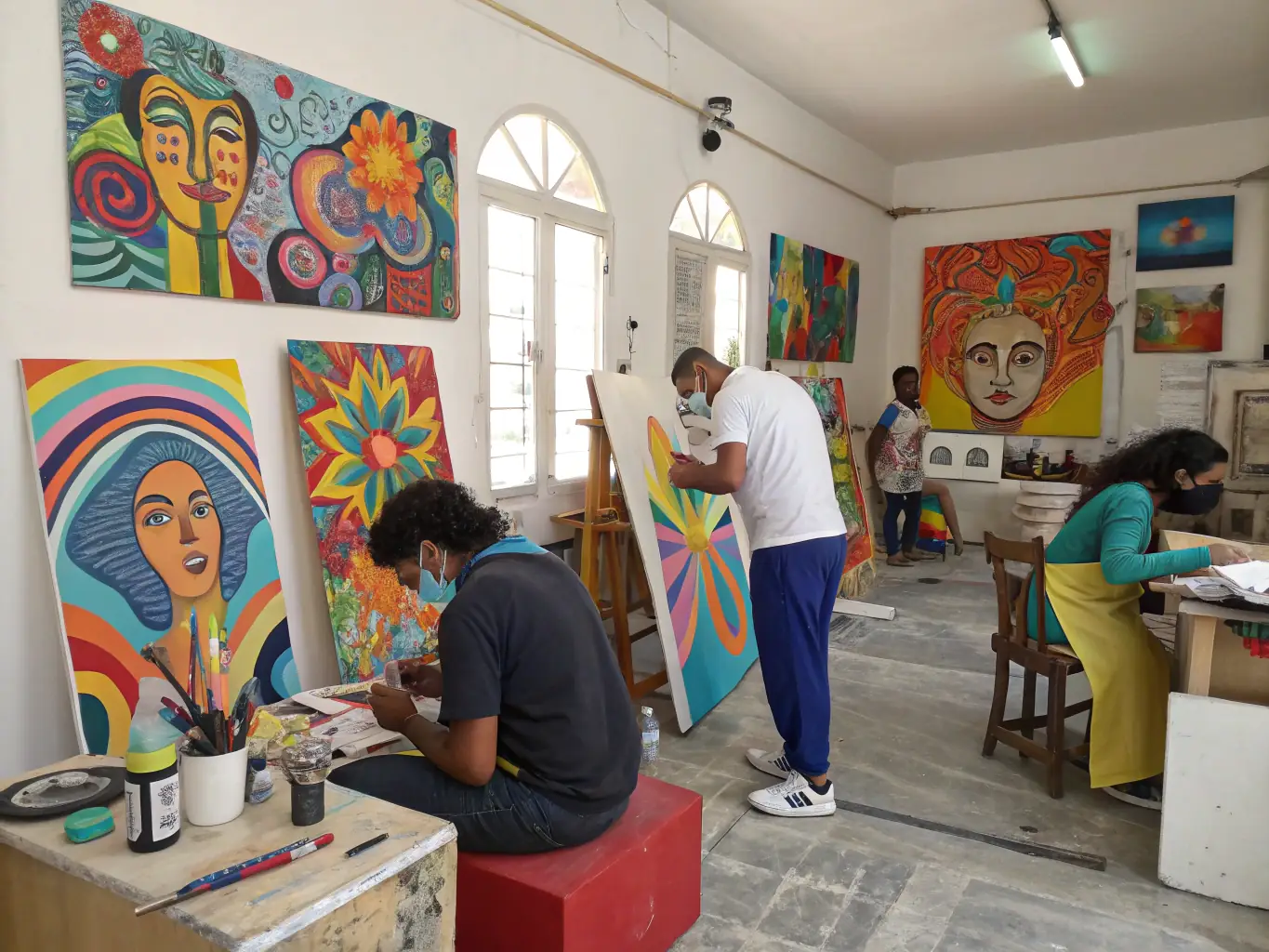 A vibrant image showcasing a restored historic site now used as a community art space, with people of diverse backgrounds participating in an art workshop.