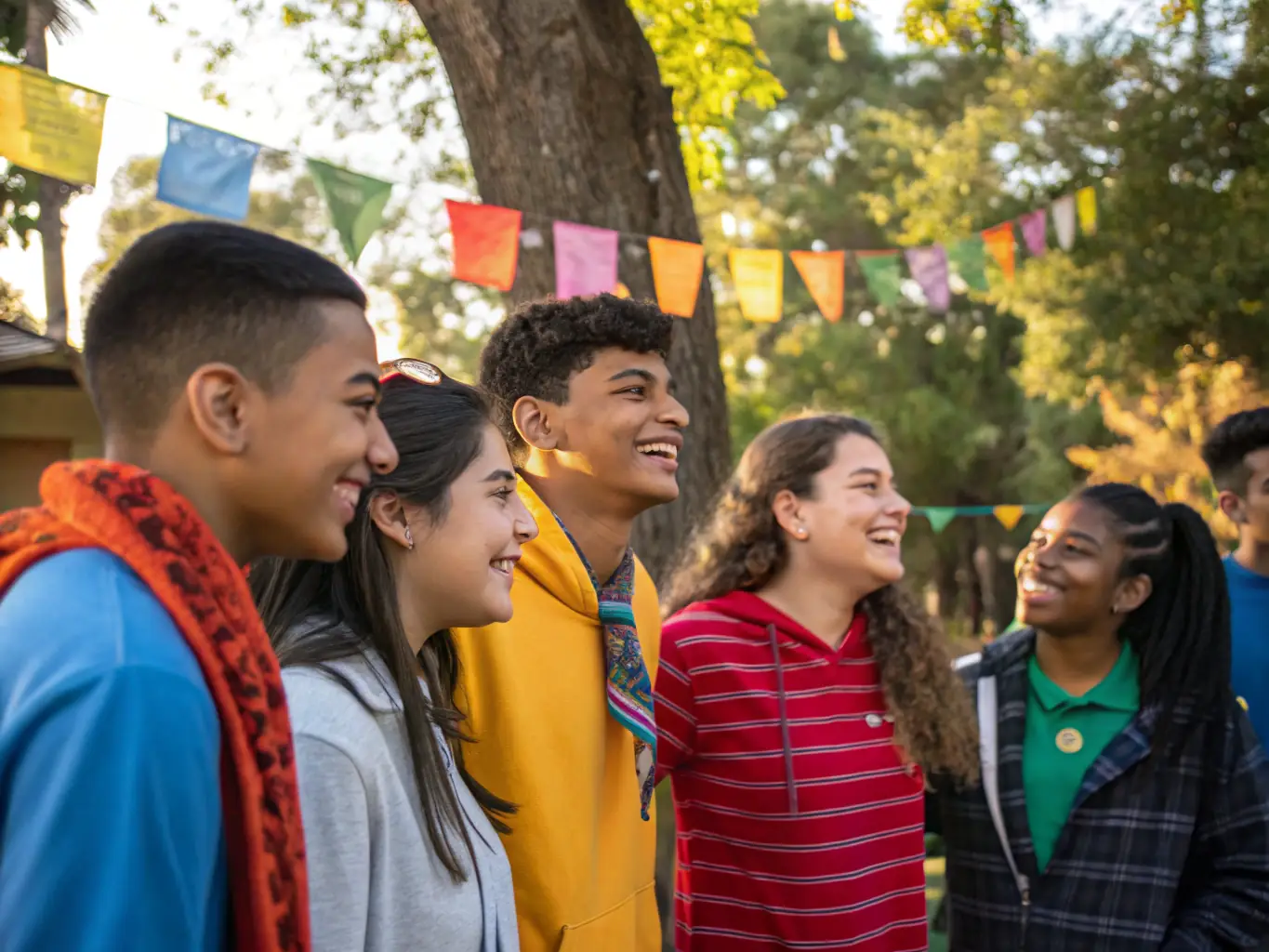 A photograph of a group of young people participating in a cultural exchange program at a historical monument, engaging in discussions and activities.