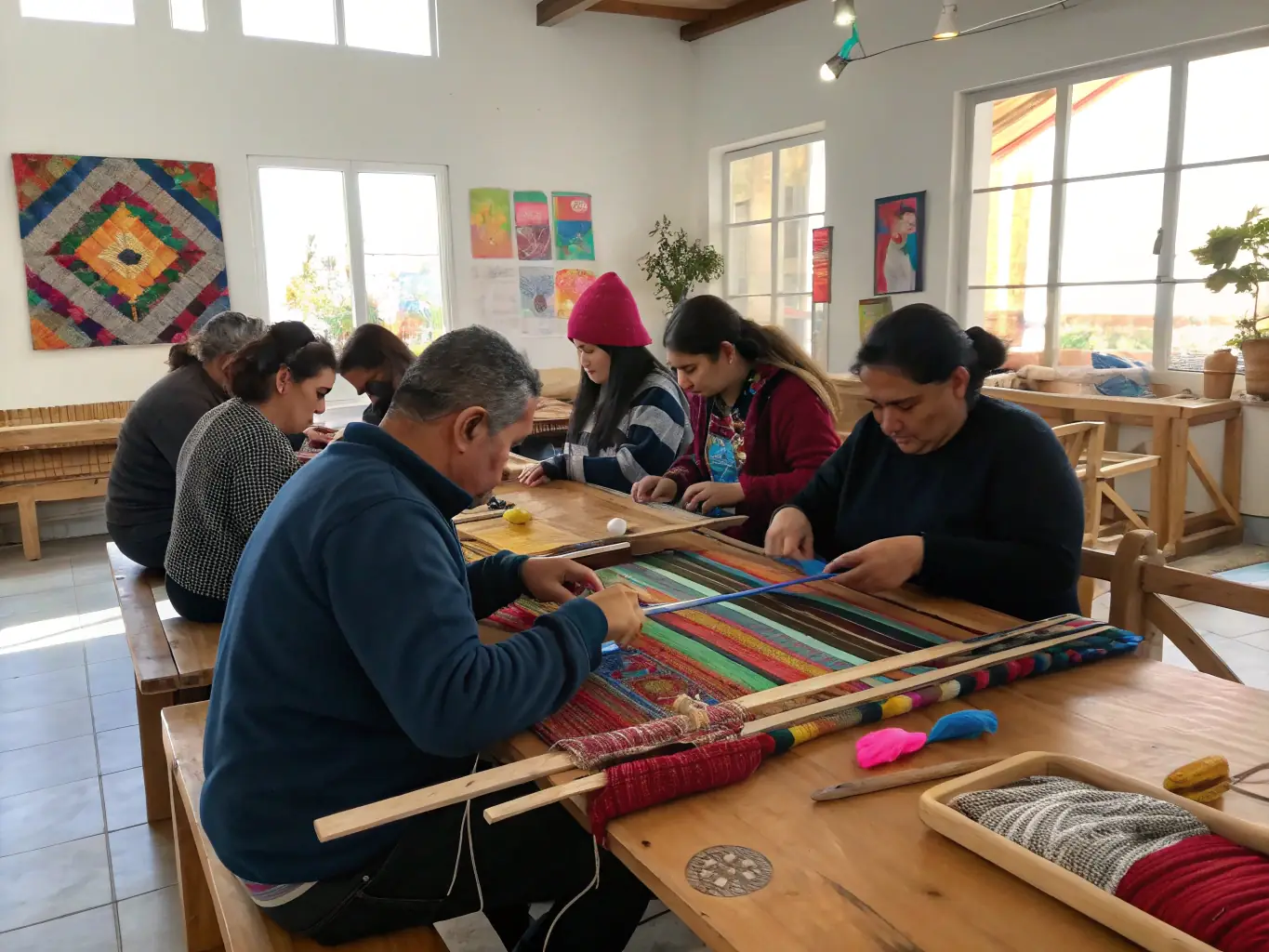 A photograph capturing a community workshop in a historic building, where participants are learning traditional crafts and engaging in cultural exchange.